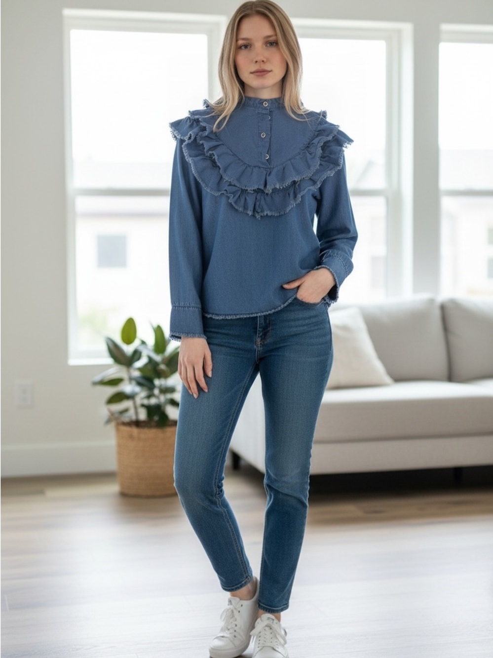 Fringed Ruffle Long-Sleeve Top - Blue